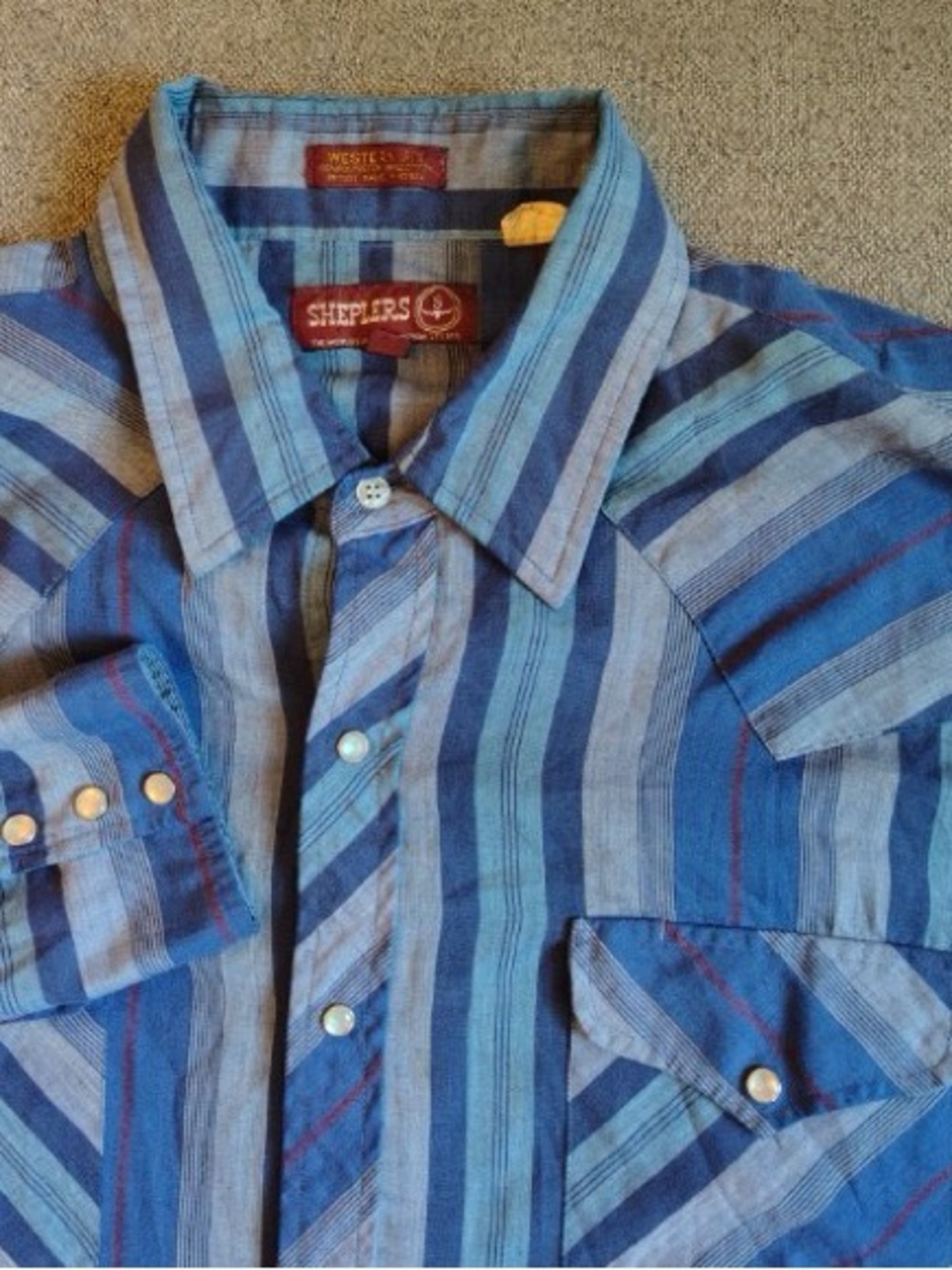 Vtg 80s Sheplers Pearl Snap Western Shirt Mens L Long Sleeve Blue Yoke Korea